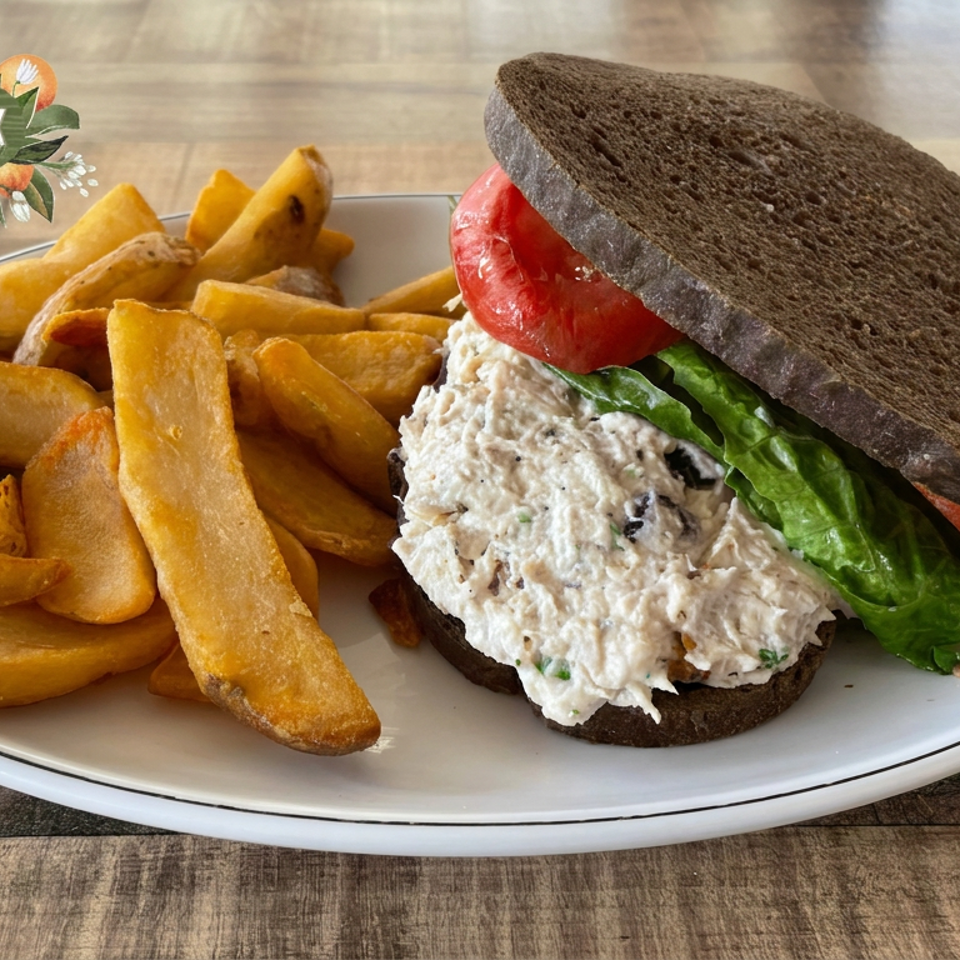 Tuna salad sandwich on dark bread with lettuce and tomato, served with golden potato wedges on a white plate.
