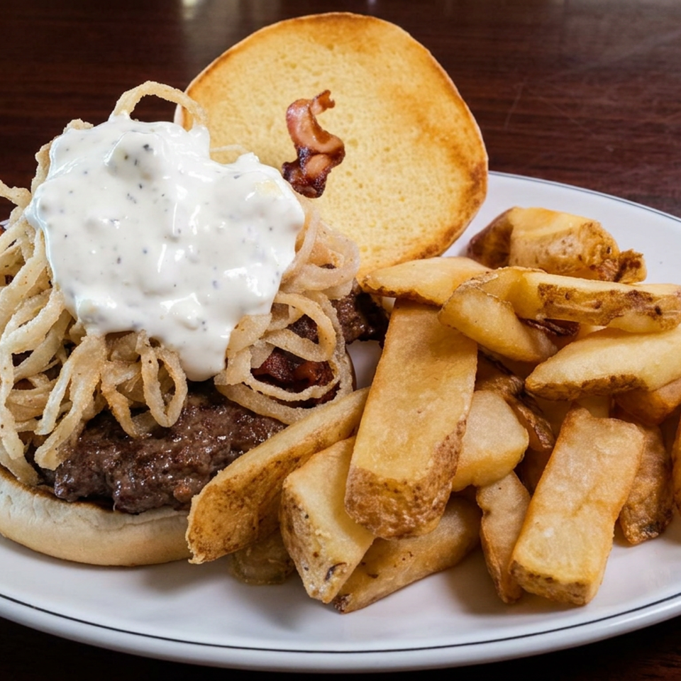 Burger topped with bacon, crispy fried onions, and creamy sauce, served with potato wedges on a white plate.