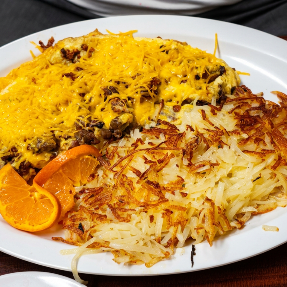 Cheesy omelet topped with browned meat and shredded cheese, served with crispy hash browns and orange slices on a white plate.