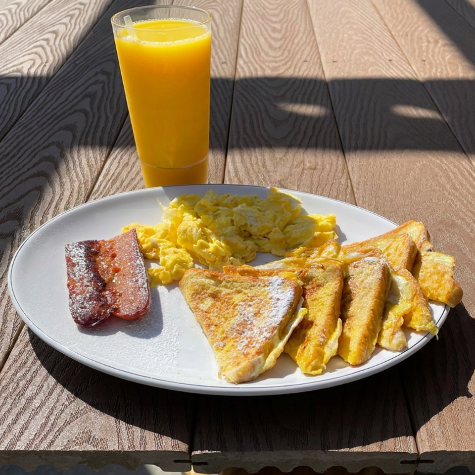 Breakfast plate with scrambled eggs, French toast, bacon, and pancakes beside a glass of orange juice on a sunlit wooden table.